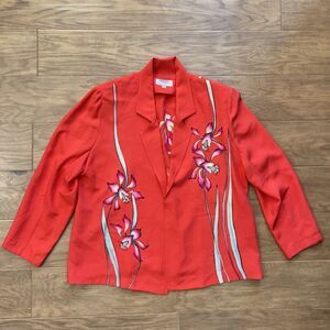 Vintage Yolanda Lorente Open Blazer Jacket 1X Floral Red Hand Painted 100% Silk